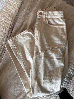 High-Rise Straight Leg Jeans in Cream with Contrast Stitching